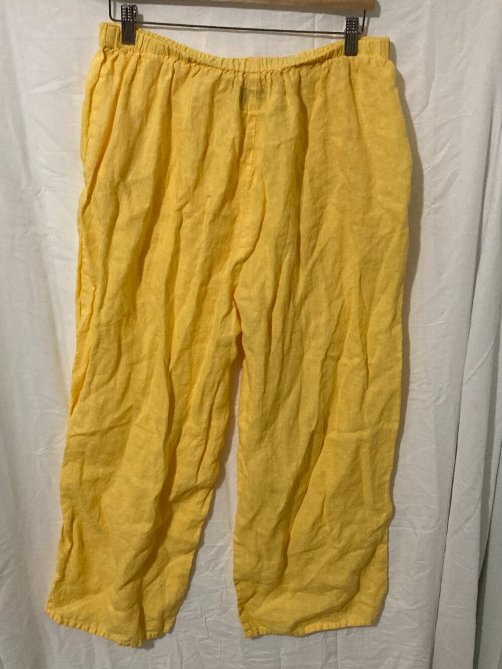 Flax Womens L Wide Leg Yellow Boho Hippie Beach Cropped Pant Comfort 100% Linen